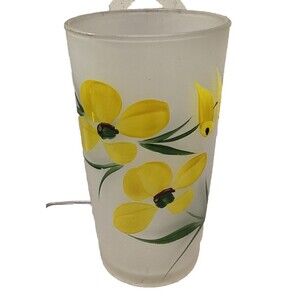 Hand Painted Frosted Floral Drinking Glass Yellow Flowers 5.5”H Vintage Replace